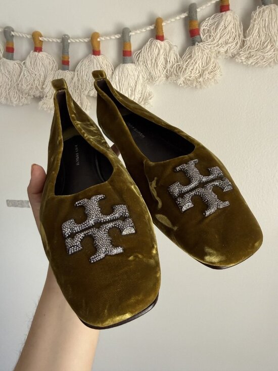 Tory Burch Eleanor Pave Crystals Ballet Flats Olive Green Velvet Square Toe 10 - Picture 5 of 10
